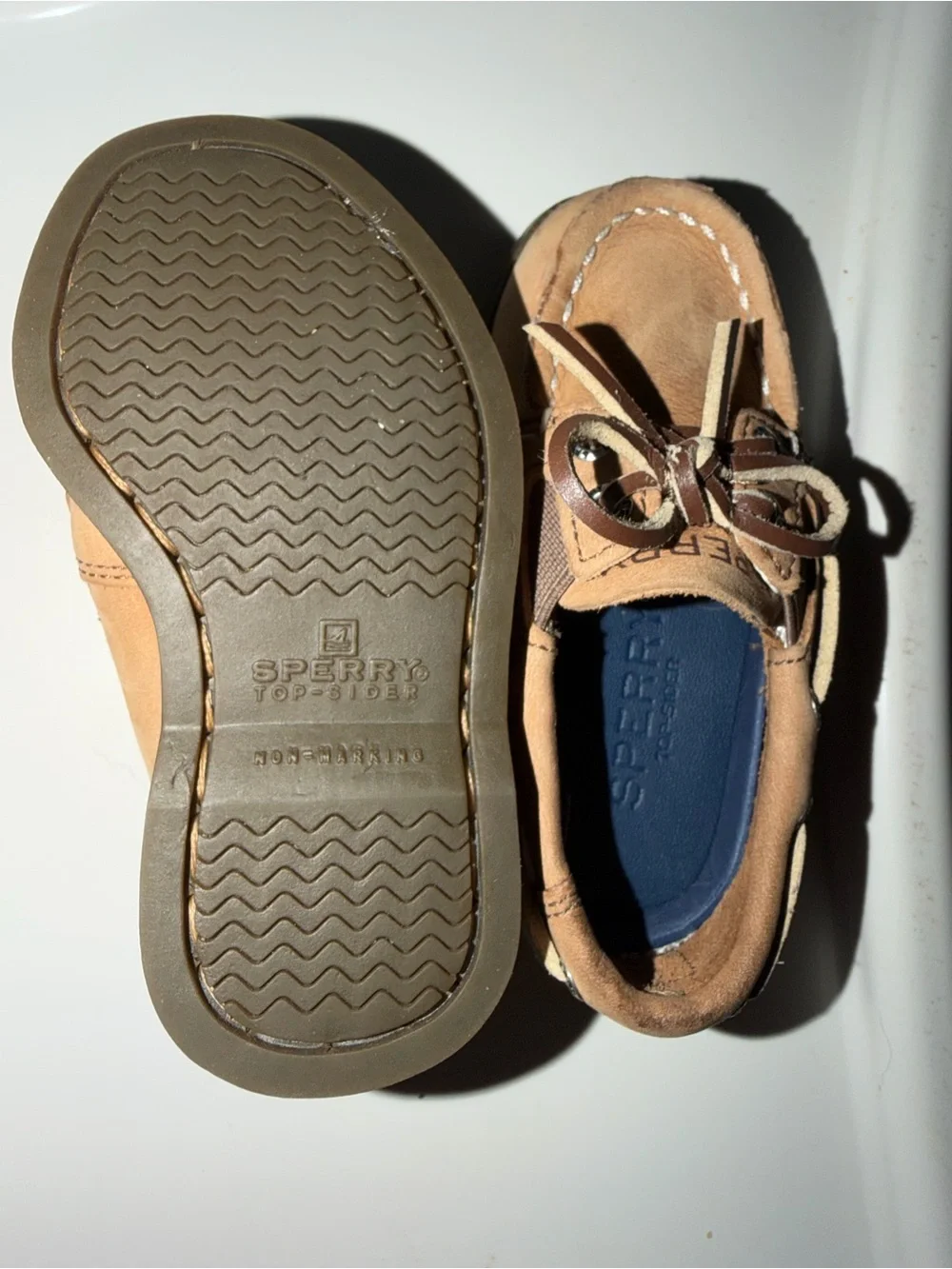 Sperry Tan and Navy Baby Boat Shoes